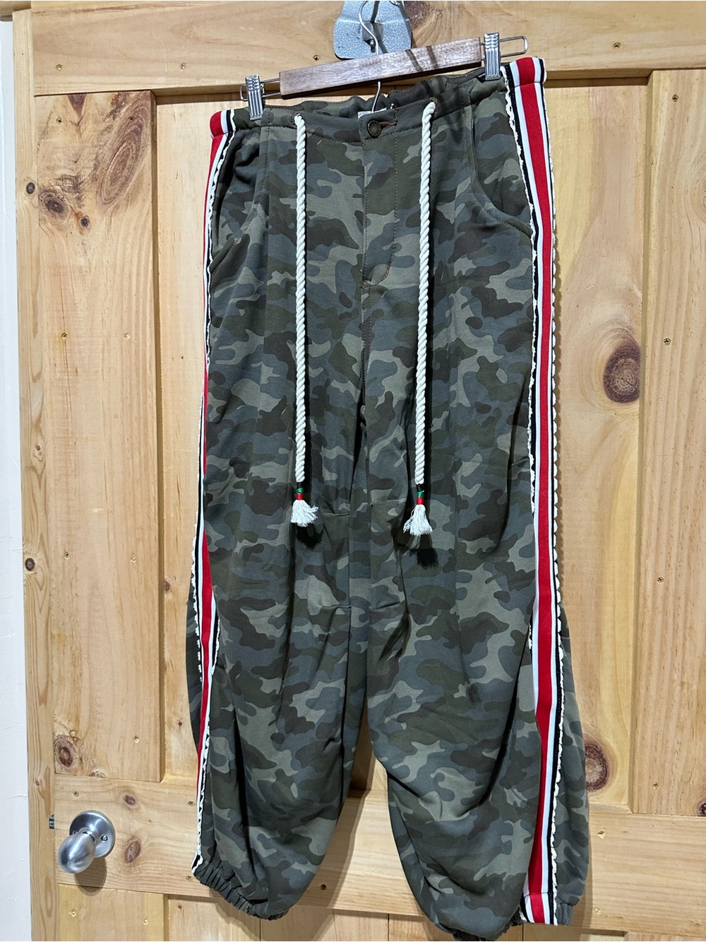 Camo Drawstring Jogger Pants with Red Side Stripe - Women’s
